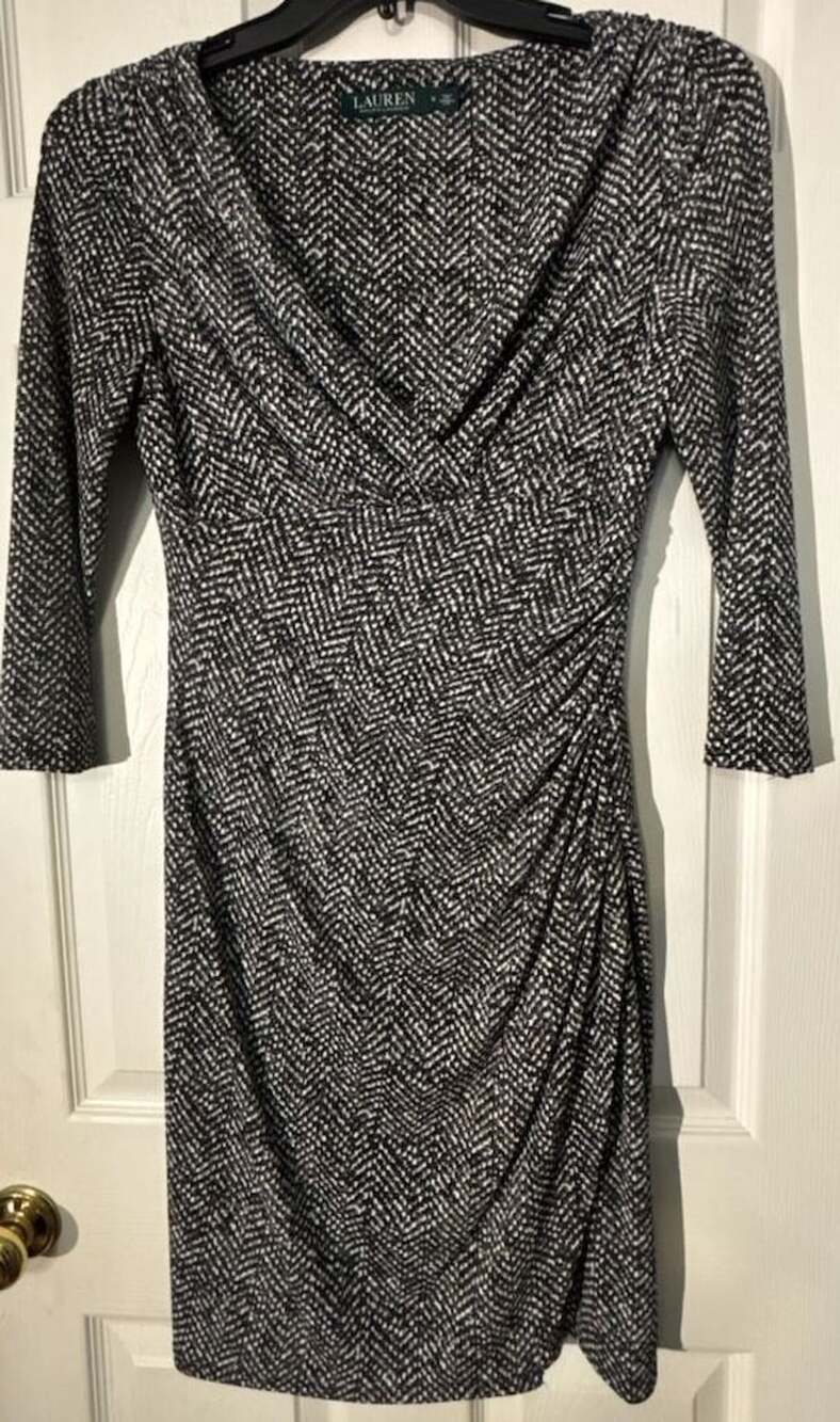 Lauren Ralph Lauren Jersey Dress Size 6 Black White Herringbone Ruched Wrap